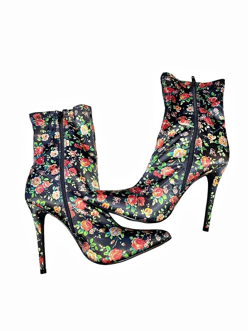 JustFab Illiana Black Floral Satin Stiletto Heeled Sock Bootie US 10 / EU 41